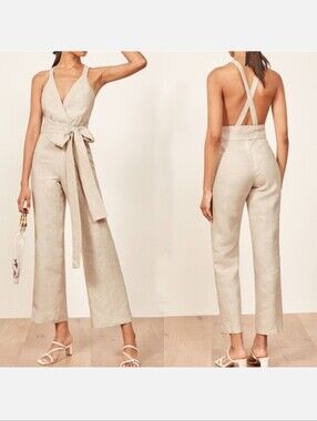 NWOT Reformation Dani Crossback 100% Linen Jumpsuit in Sand sz 6
